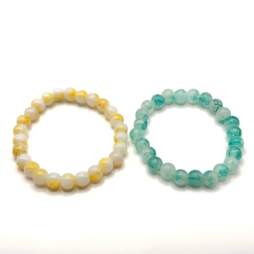 Marbled Agate Beaded Stretch Bracelet Set OS Yellow Teal Boho Yoga Zen Jewelry